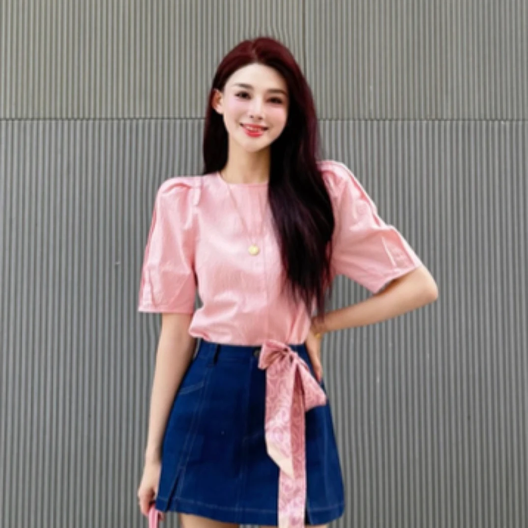 GIRDEAR/哥弟哥弟新款气质简约百搭套头泡泡袖衬衣T恤女 1300981