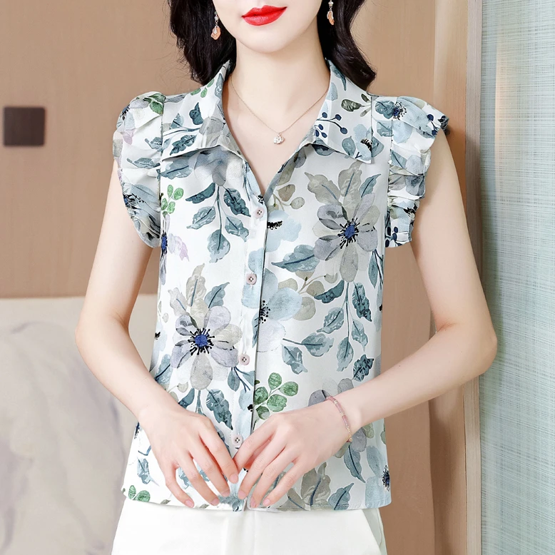 时尚碎花雪纺衬衫女短袖夏装新款气质短款衬衣小个子洋气减龄上衣