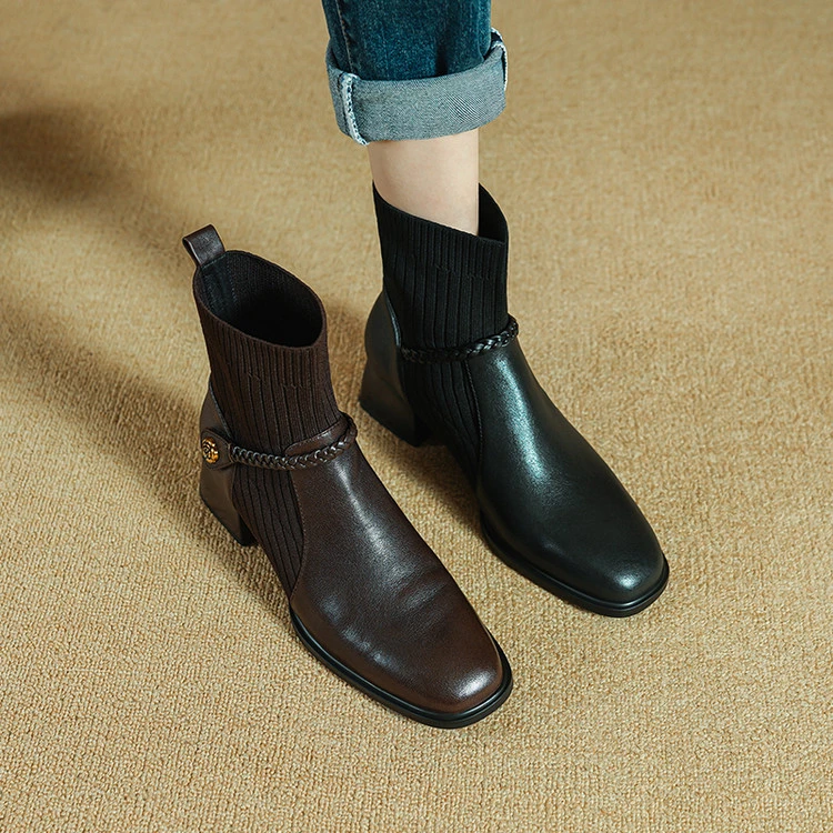 VICEN FIFI4cm/2025秋冬新款瘦瘦靴女粗跟弹力靴女针织袜靴短靴子