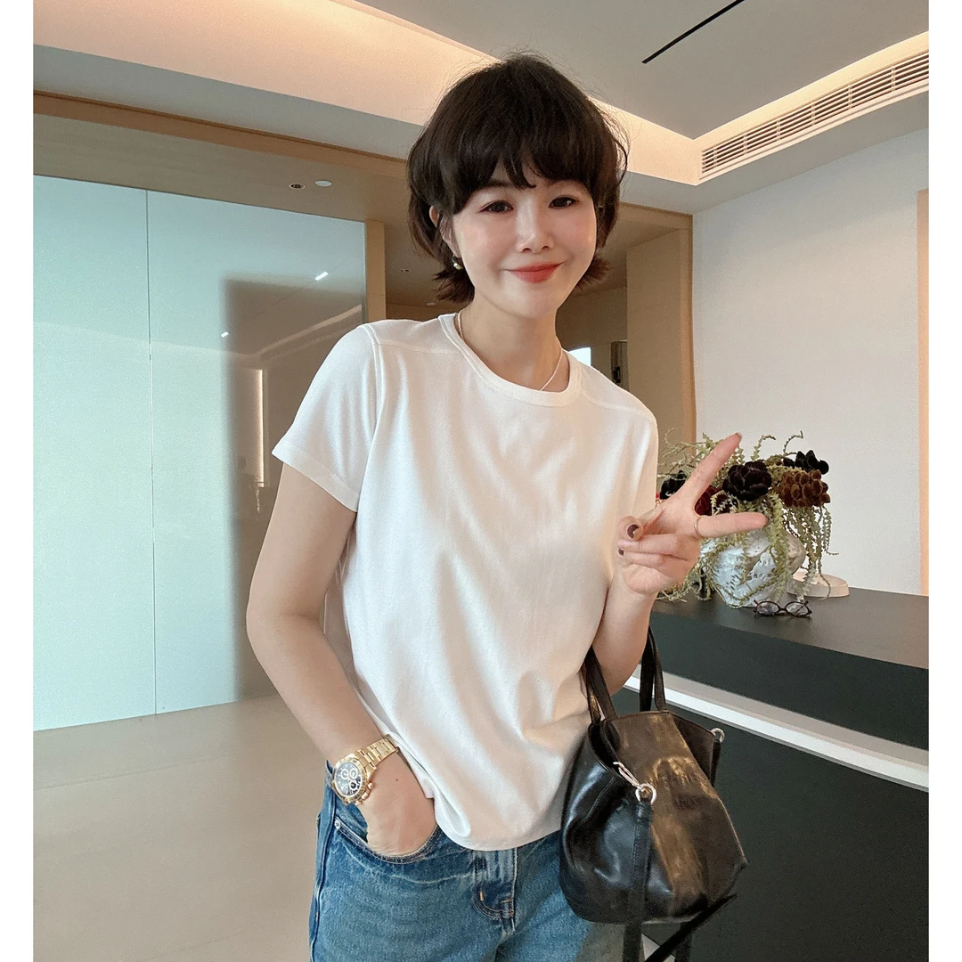 春夏新款立体拼接百搭正肩纯色圆领四季穿搭短袖T恤