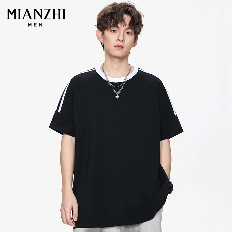 棉致纯棉短袖t恤夏季男款美式复古拼接插肩三条杠宽松上衣Y