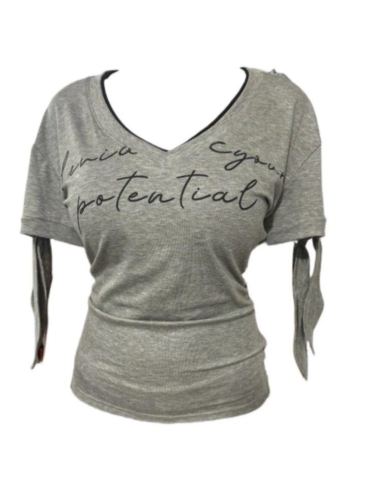 【Amy家】夏日ootd穿搭正肩短袖T恤女设计感绑带印花显瘦v领上衣女