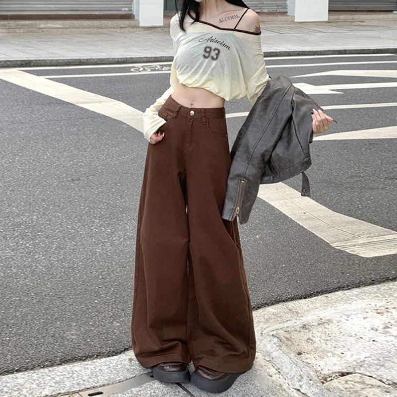 咖色高腰阔腿牛仔裤女士2025秋冬新款慵懒复古小个子宽松显瘦裤子