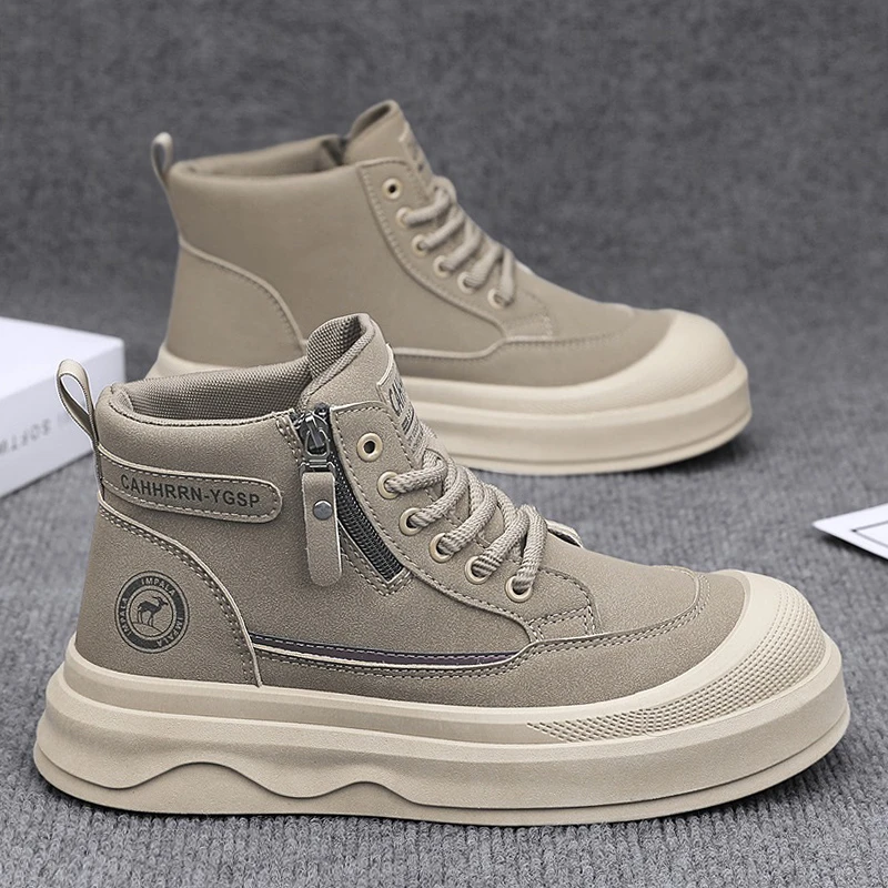 【设计师款】男鞋秋冬新款高帮皮面厚底板鞋时尚百搭软底工装休闲鞋