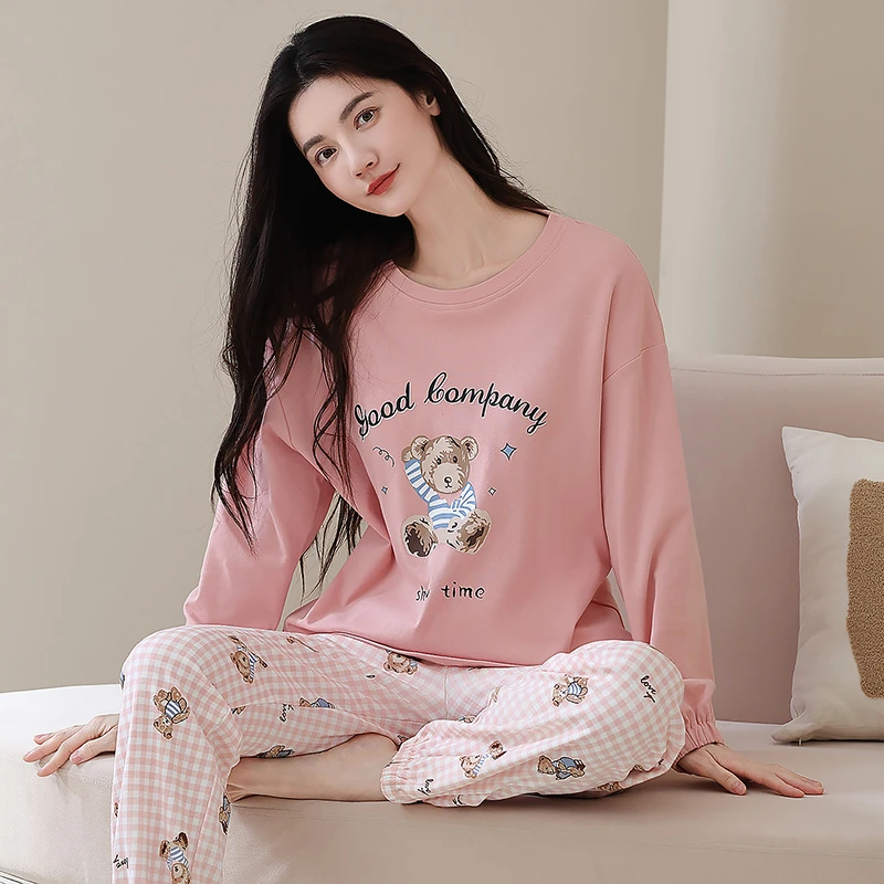 100%纯棉加厚睡衣女秋冬季外穿休闲舒适韩版大码全棉家居服春秋季