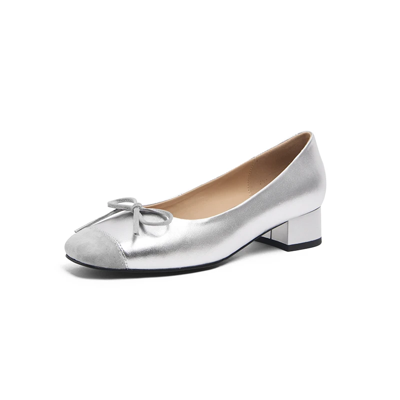 【卡美多】真皮温柔优雅气质拼接蝴蝶结淑女圆头粗跟单鞋93641
