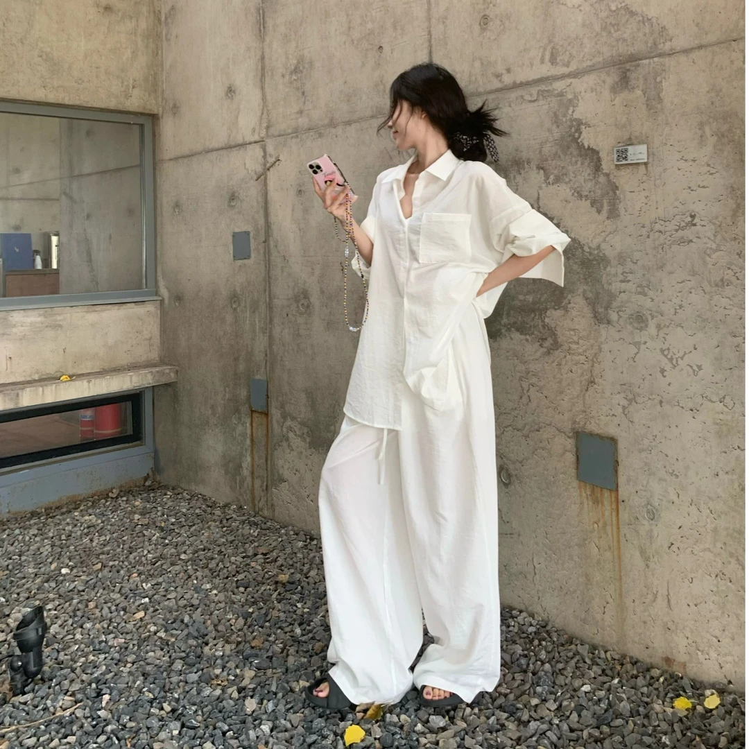 慵懒自在韩版松弛感亚麻套装女夏秋高腰系带休闲Polo领衬衣阔腿裤
