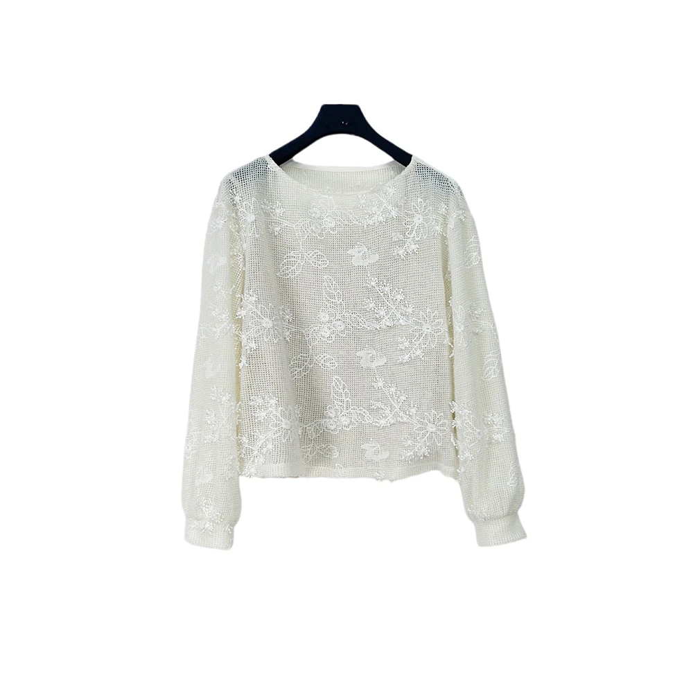 圣迪奥长袖针织蕾丝气质白色短款两件套针织衫S253Z2215