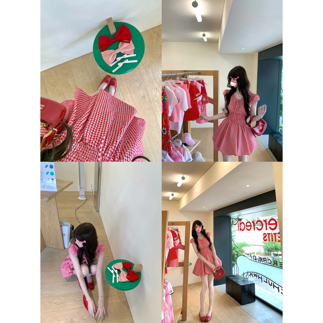 白水女 欣欣子 红色格子少女感法式洋气度假风连衣裙 B50752181