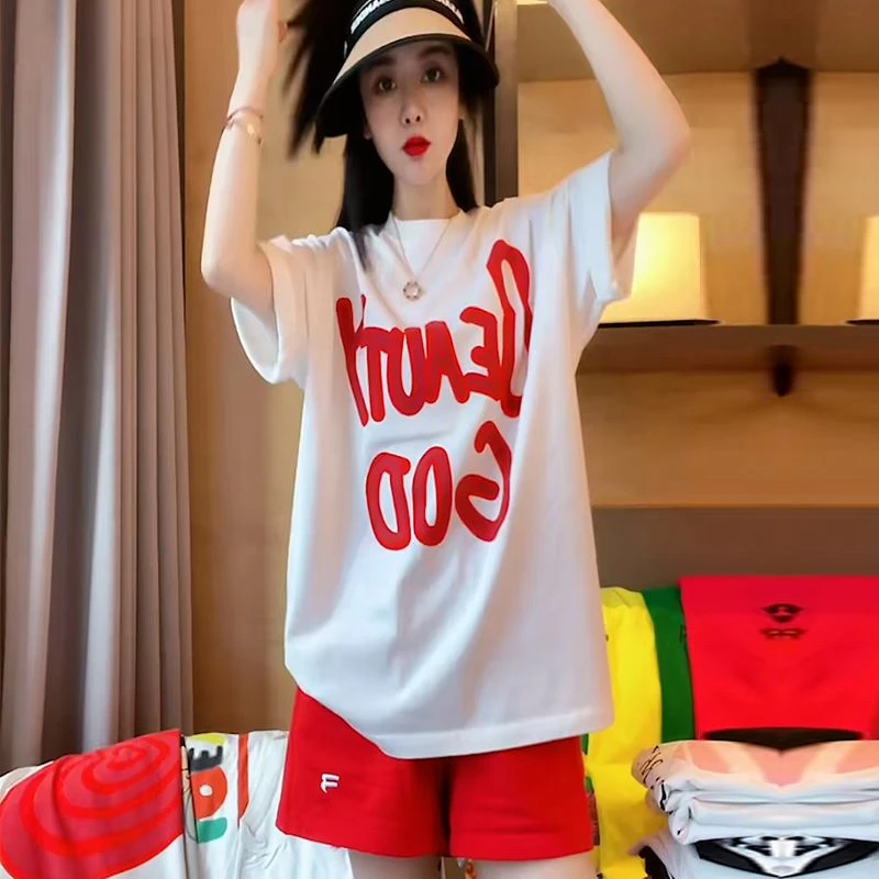 休闲短袖短裤一整套女装穿搭夏季薄款宽松圆领字母印花短袖套装潮