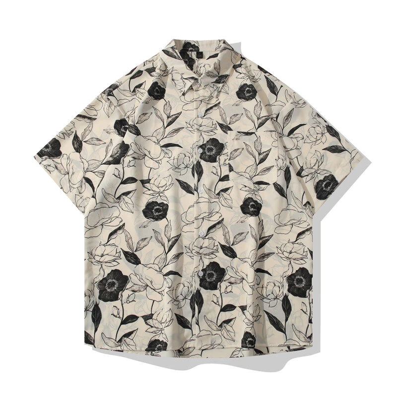 日系潮流印花冰丝衬衫男薄款透气凉感宽松短袖情侣美式休闲衬衣