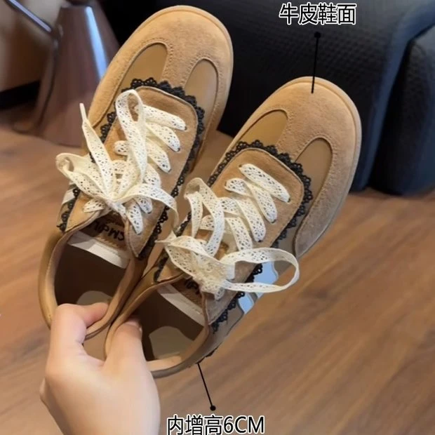 牛皮版~6cm内增高小众蕾丝设计感德训鞋女小个子阿甘休闲德训