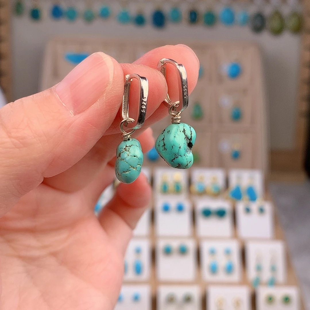 绿松石银S925镶嵌耳饰