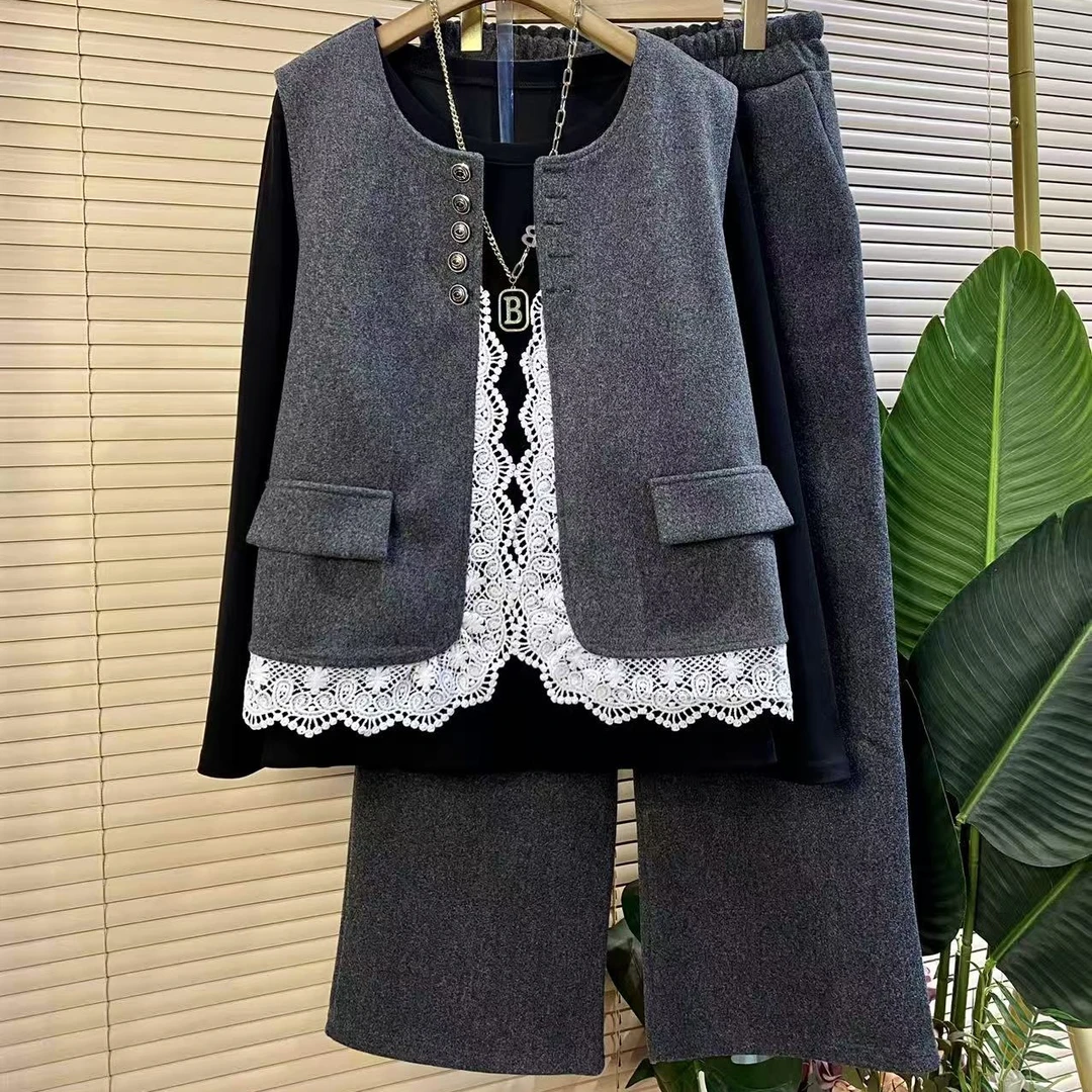 D胖mm欧货时尚新款秋季蕾丝边马甲打底裤子三件套