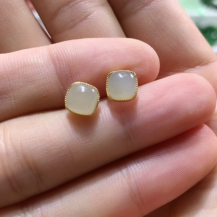 银S925镶嵌和田玉（青白玉）耳饰