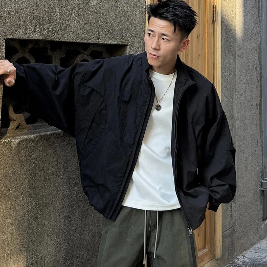 黑色美式飞行员夹克男秋季廓形短款弯刀袖外套正肩立领户外冲锋衣