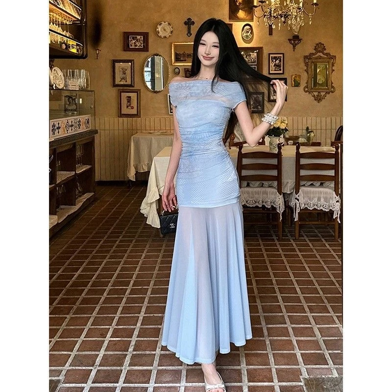 pinkmonn||温柔纯欲风绝美一字斜肩连衣裙女辣妹性感修身包臀长裙