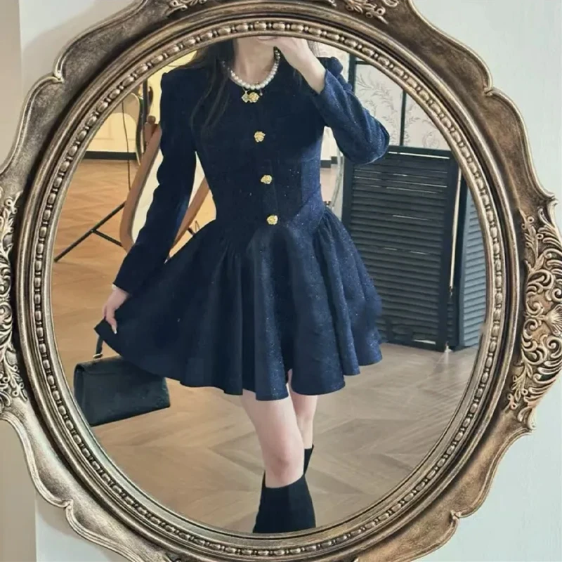 【文文】圆领连衣裙女春季小香风气质名媛收腰显瘦百褶长裙D0122