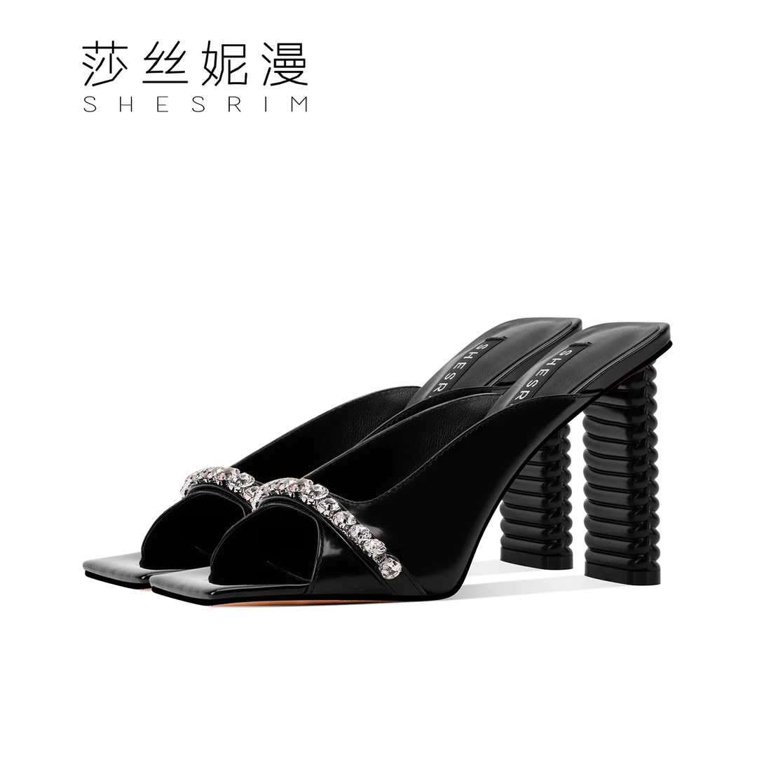 法式粗跟凉拖女2025夏季新款方头高跟一字拖时尚百搭露趾半拖外穿