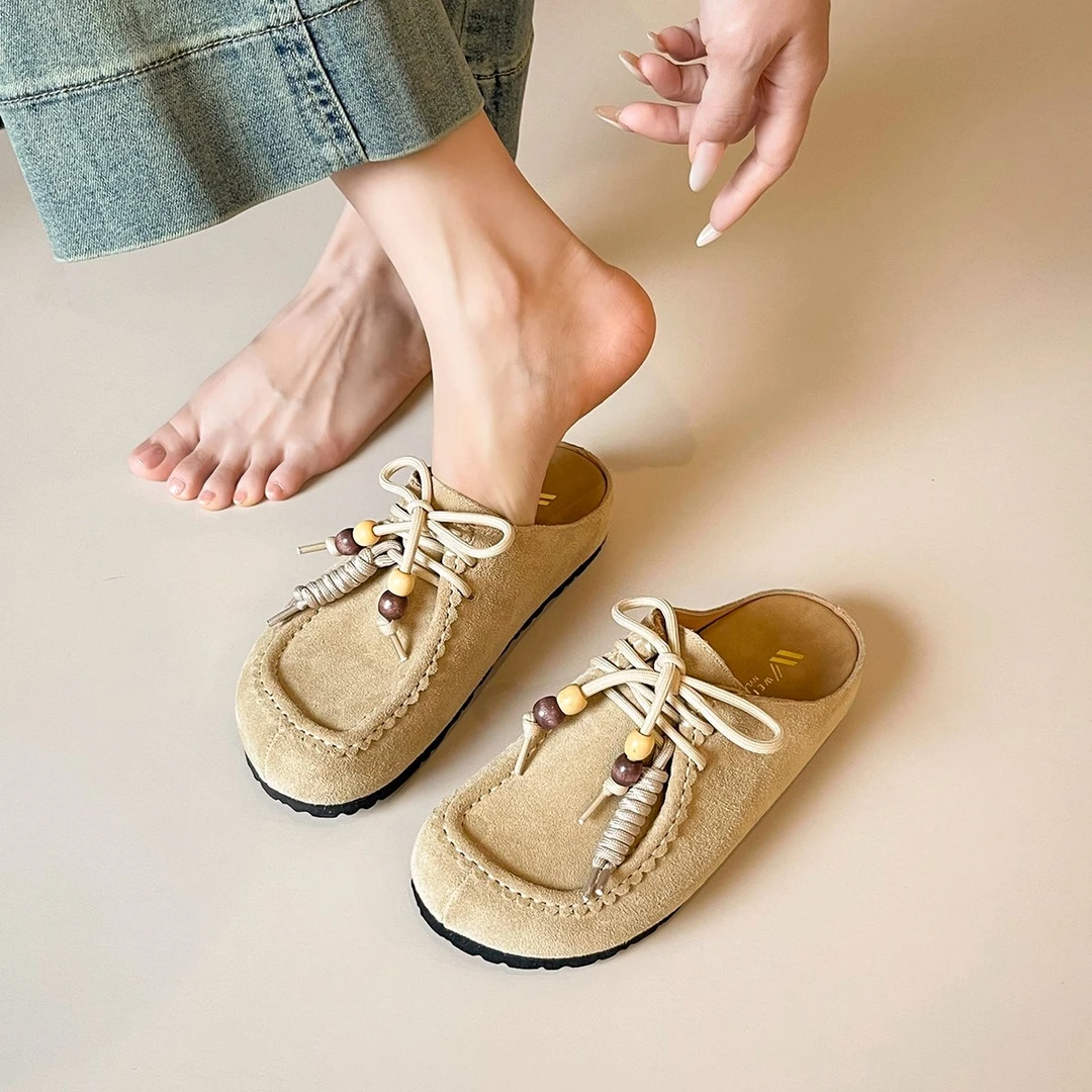 真皮版~厚底休闲勃肯拖鞋女外穿复古包头懒人半拖袋鼠鞋大码女鞋