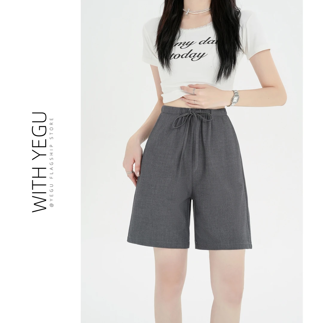 慵懒灰色西装短裤女夏薄款高腰宽松抽绳a字中裤小个子五分阔腿裤