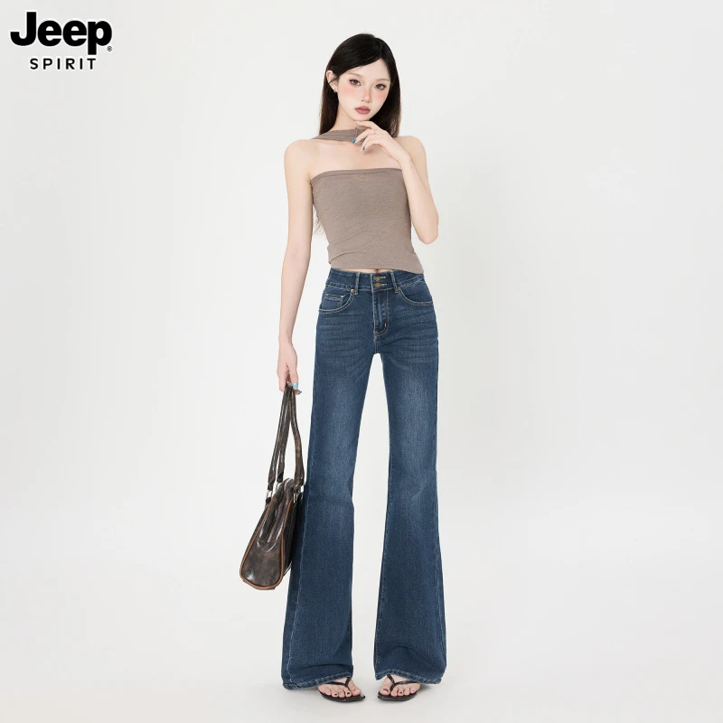 美式复古深蓝色低腰微喇牛仔裤女2025夏季新款显瘦弹力直筒喇叭裤