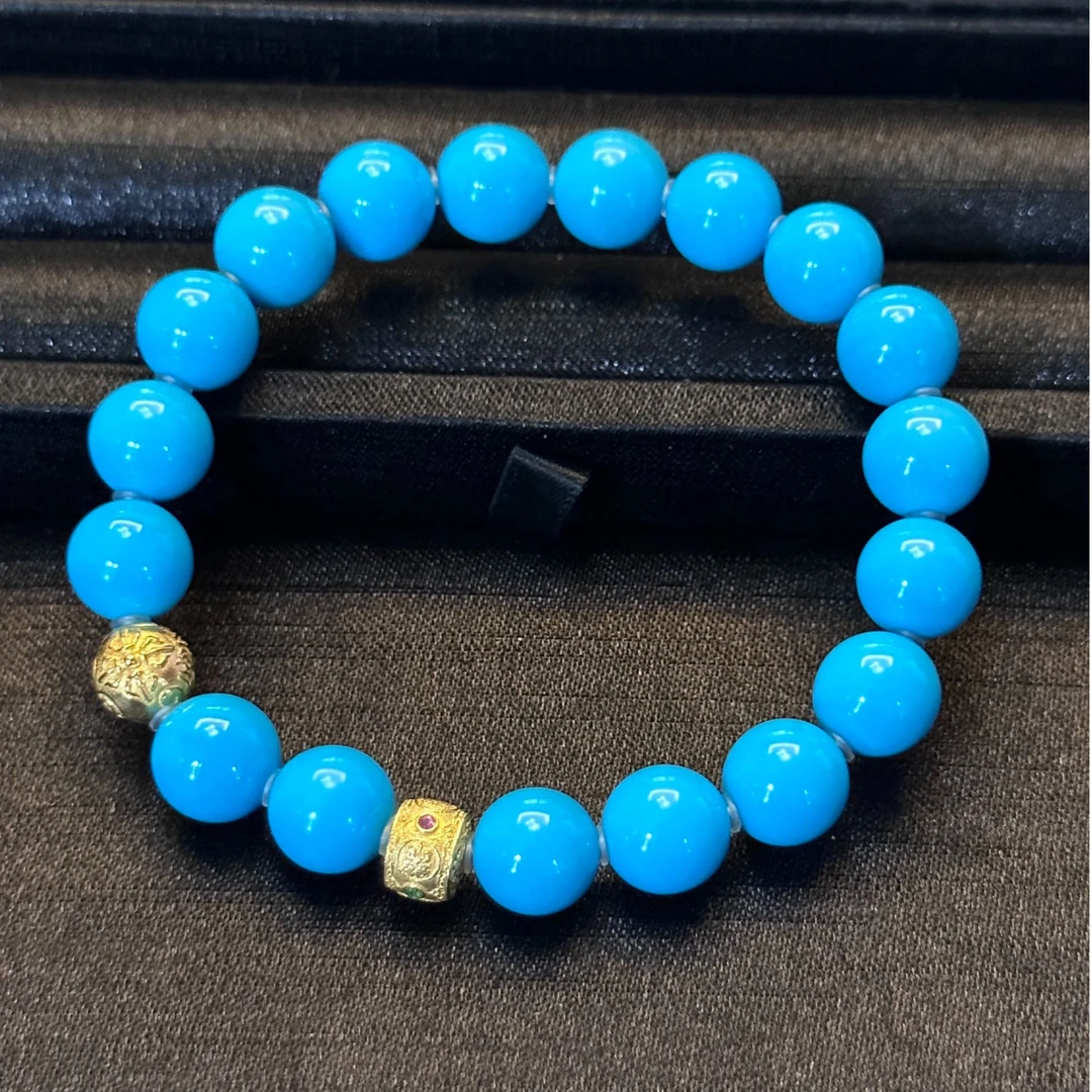 【米迦珠宝】9mmm美国松睡美人蓝绿松石18K金镶嵌手串