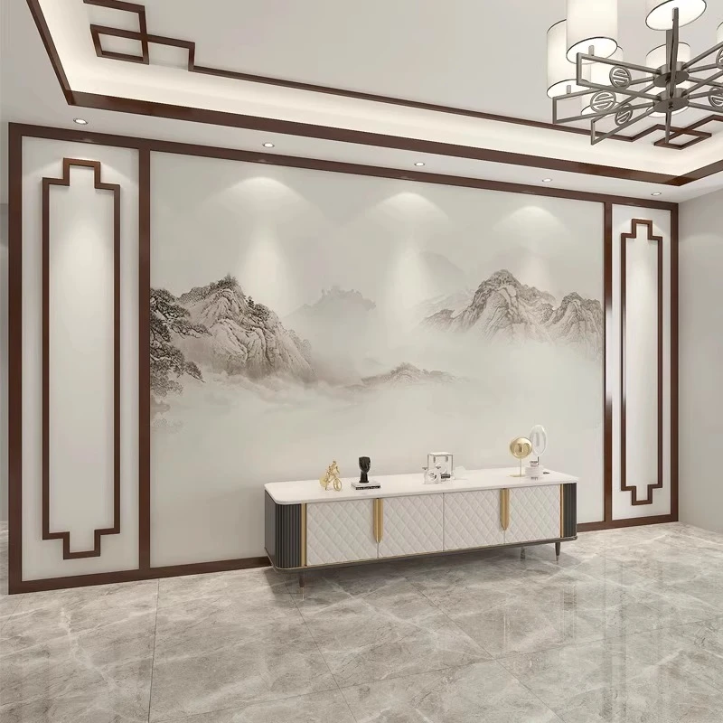 新中式电视背景墙壁布办公室客厅淡雅山水画墙布定制壁画茶室墙纸