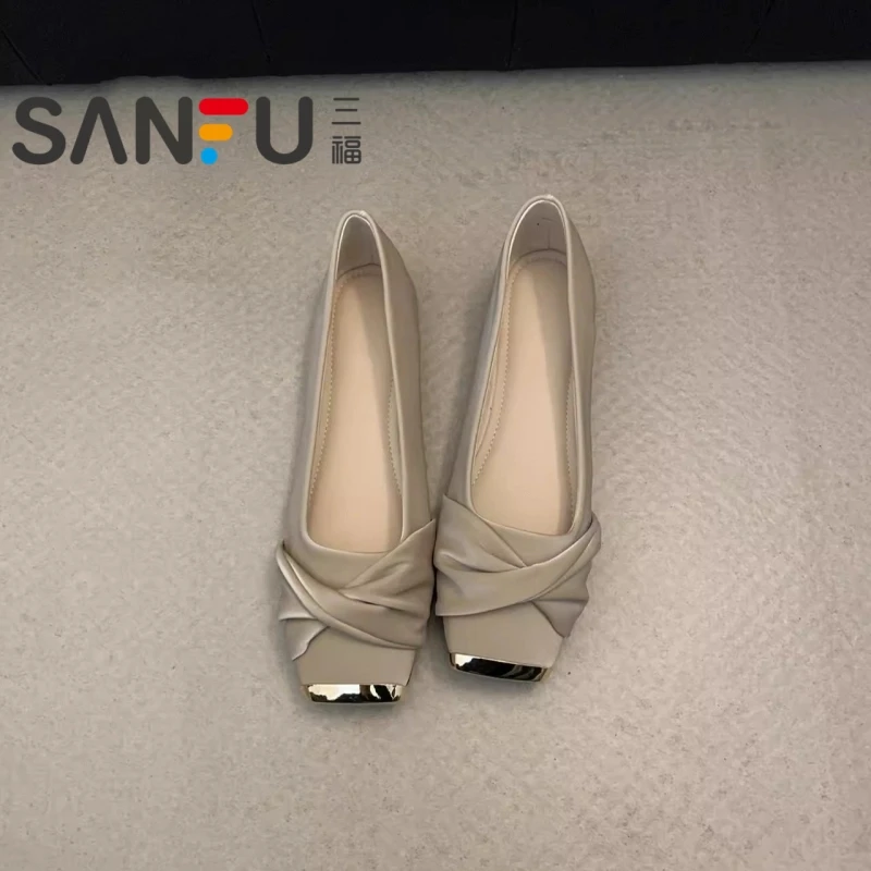 三福2025年春季新款法式气质配裙子单鞋女浅口仙女风方头平底瓢鞋