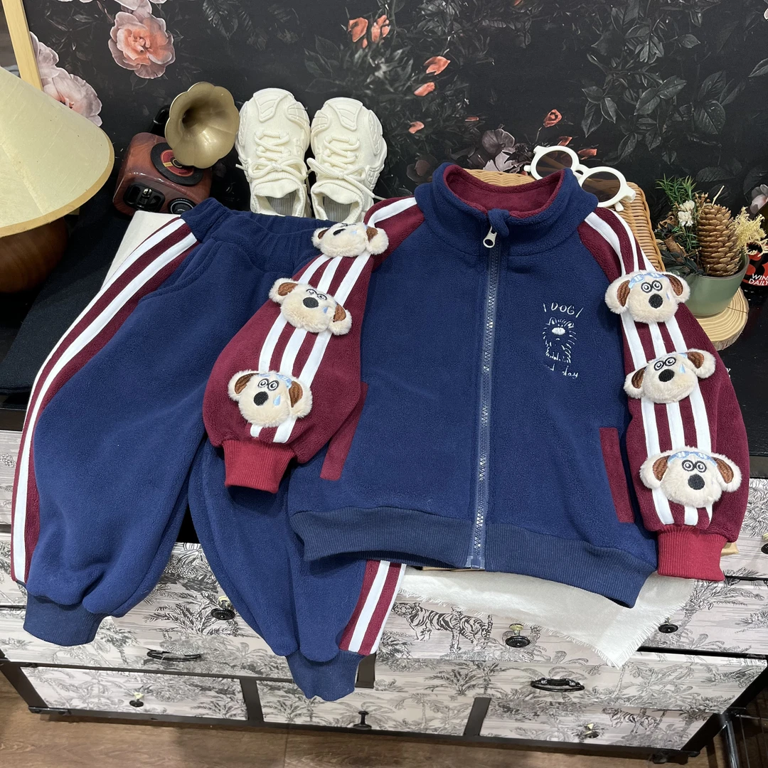 男童可爱小狗夹克套装冬新款宝宝加绒儿童秋季卡通玩偶衣服 H611