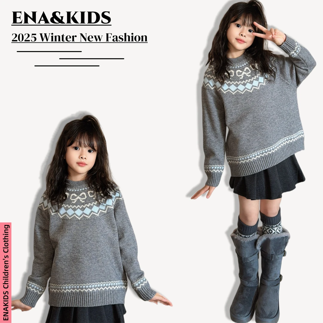 ENA恩娜kids【灰调絮语】女童韩版复古蝴蝶结毛衣冬季加厚上衣