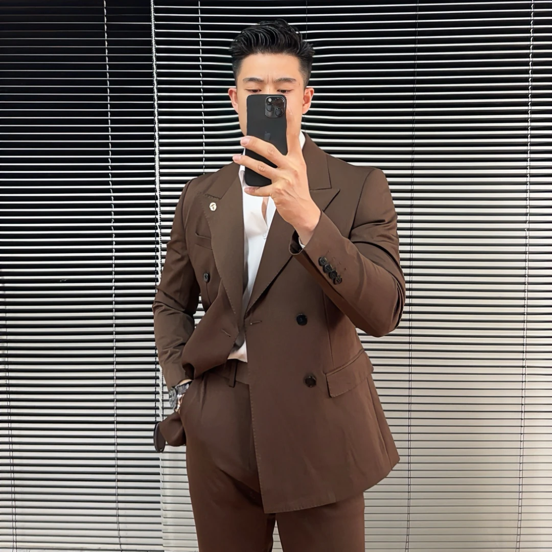 双排扣西服套装戗驳领双排扣西装潮流英伦风商务西服痞帅修身男士