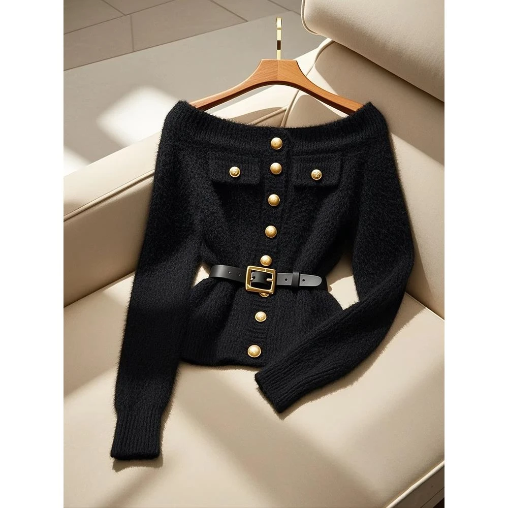 黑色一字领露肩针织开衫外套女秋季小香风高级感收腰显瘦毛衣上衣