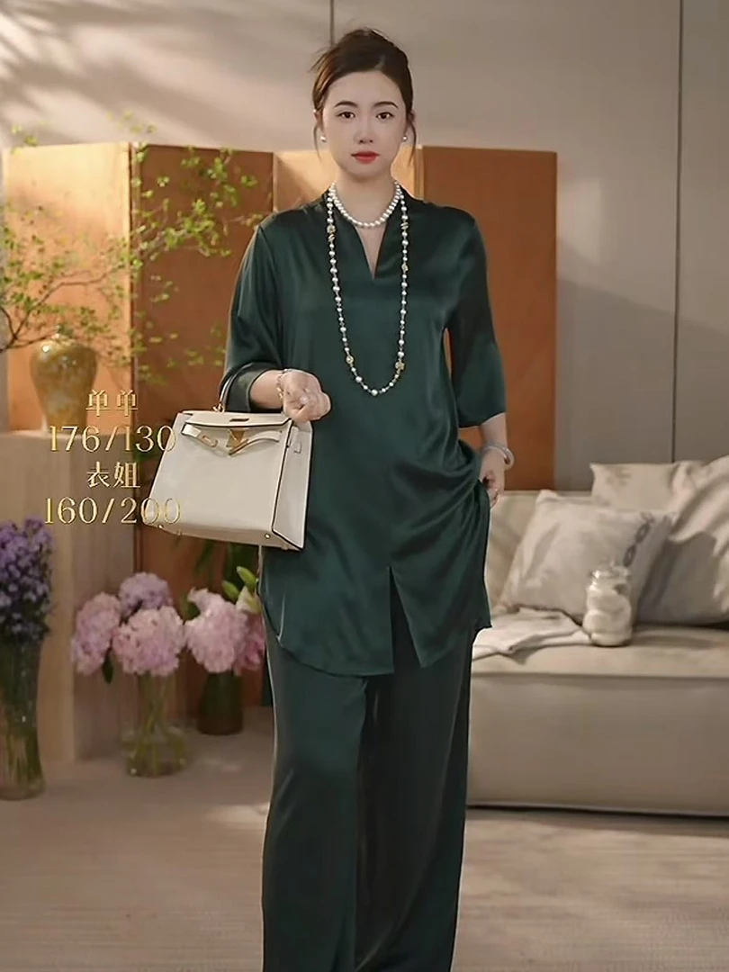 【花满林】V领前短后长缎面真丝桑蚕丝连衣裙259108