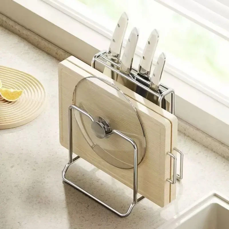 厨房置物架刀架家用不锈钢收纳架锅盖架刀具菜板一体式砧板架沥水