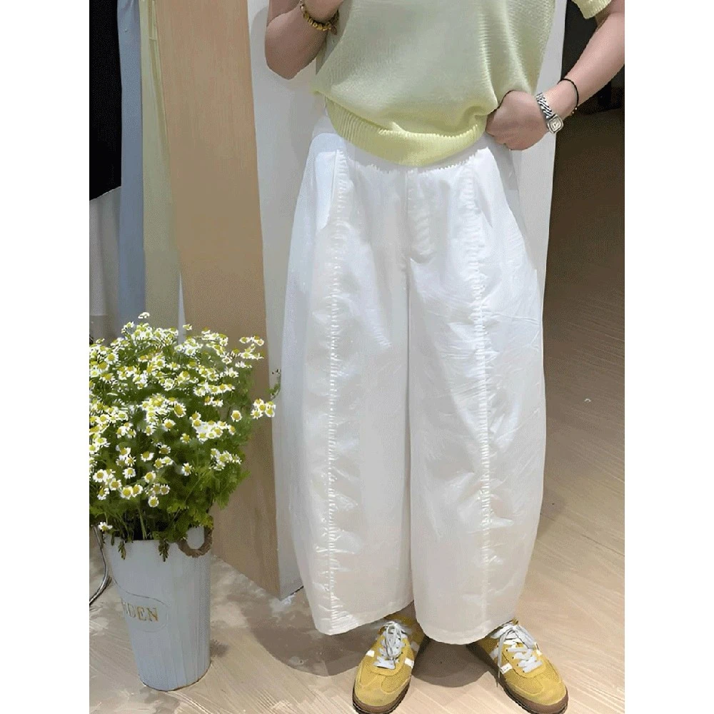 白色休闲裤阔腿裤女2025夏季新款小个子薄款显瘦高腰气球裤九分裤