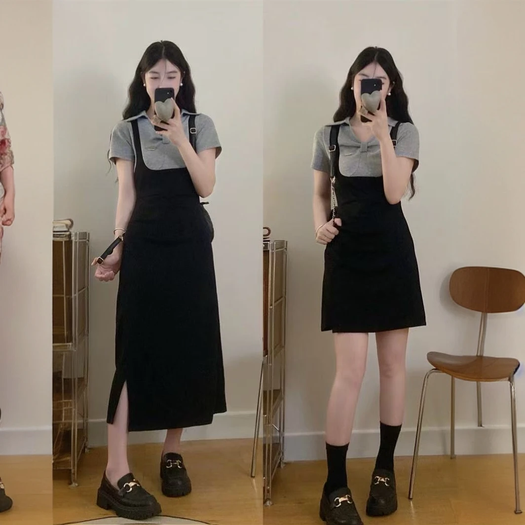 法式复古开叉翻领假两件拼接短袖连衣裙女夏季时尚设计感胖mm裙子