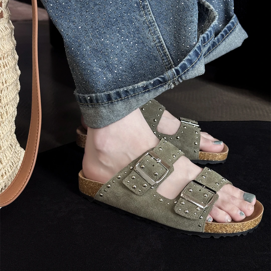 【XiGuo】铆钉元素双扣勃肯鞋女拖鞋夏季外穿懒人一脚蹬勃肯拖鞋