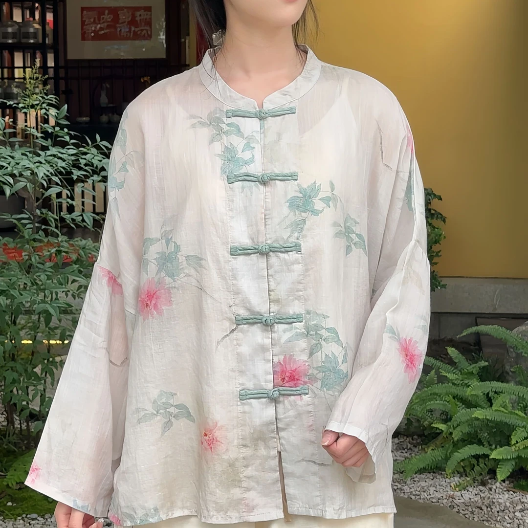 沅曼【芍药】苎麻穿春夏季复古中式文艺中国风印花立领开衫上衣
