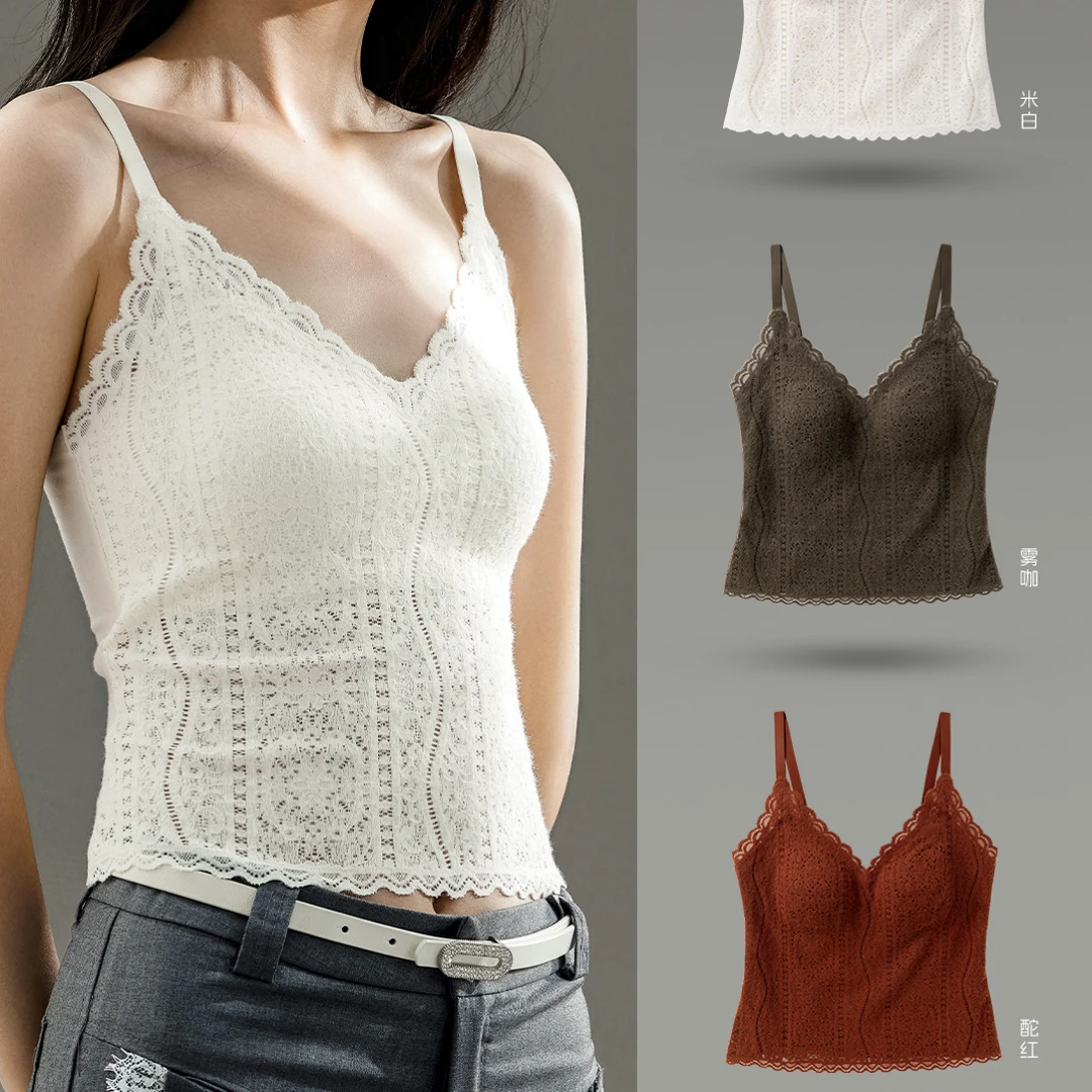 88631早秋高定制法式V领蕾丝三角薄杯吊带背心