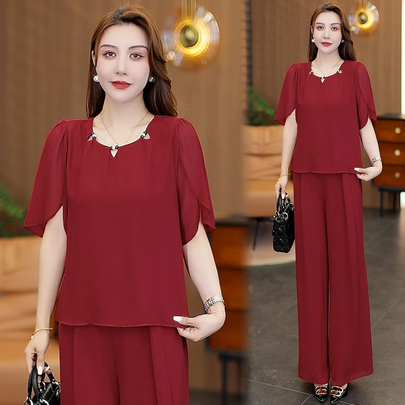 时尚套装夏季气质显瘦宽松遮肚子休闲妈妈装短袖直筒裤两件套