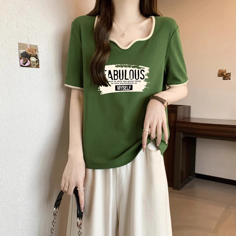大码胖mm设计感撞色方领短袖T恤女士夏季新款纯欲风修身显瘦上衣