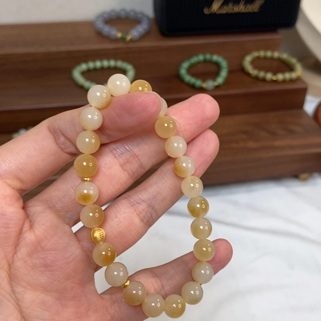 和田玉18K金镶嵌手链8mm糖白精品