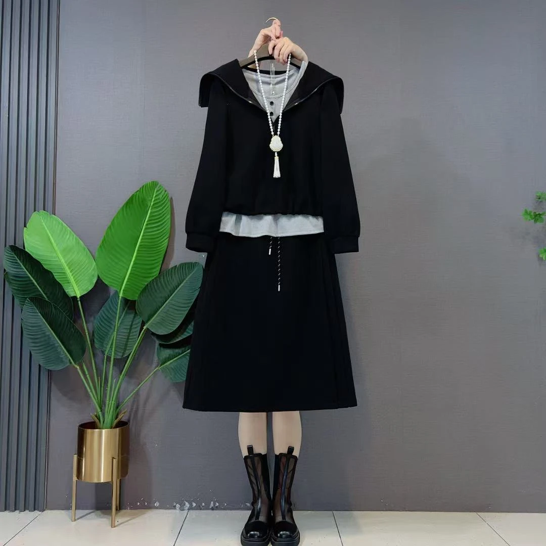 欧货减龄穿搭卫衣裙女秋季巨好看大码胖mm显瘦遮肚子百搭三件套