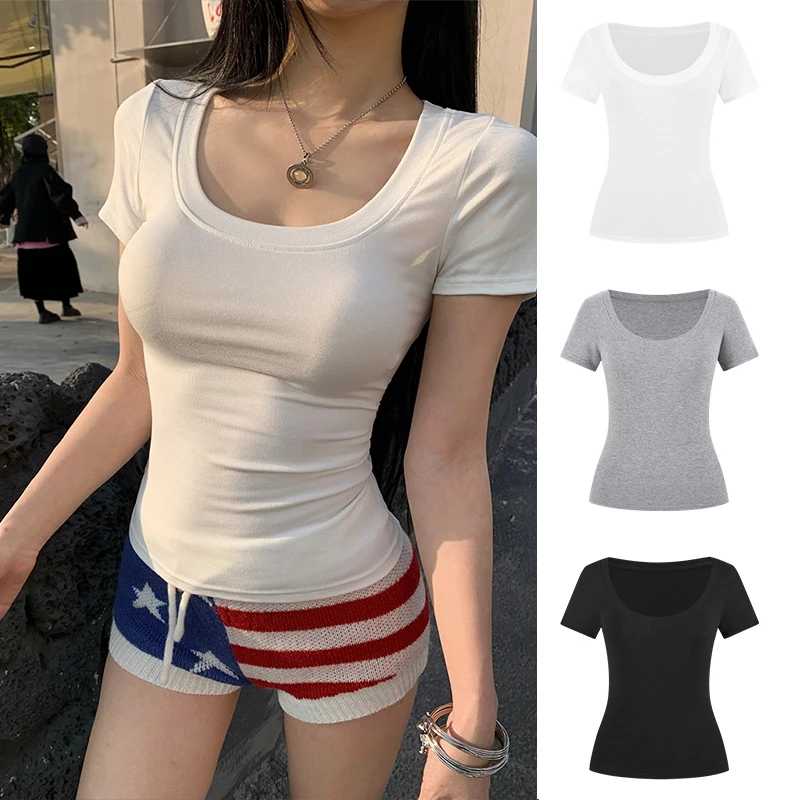 大U领正肩短袖T恤夏季修身显瘦基础款性感辣妹纯色百搭短款上衣女