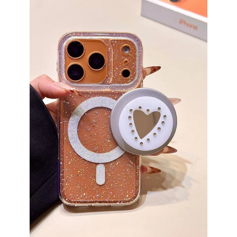 亮片闪粉透底镜面爱心磁吸支架适用苹果17promax手机壳15iphone16