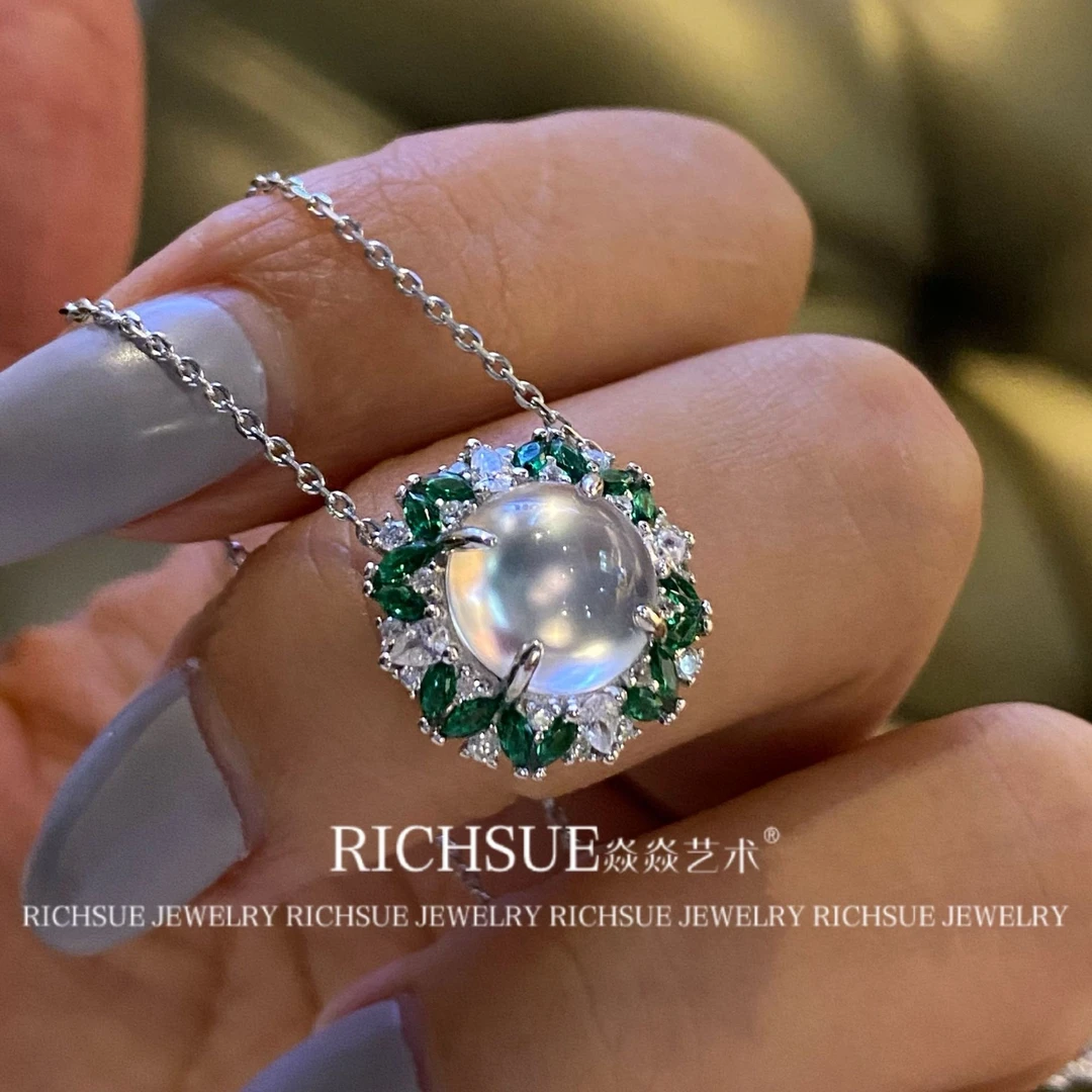 RICHSUE 非金属合成锆石项链 新中式国风蛋面白色项链s925银 小众
