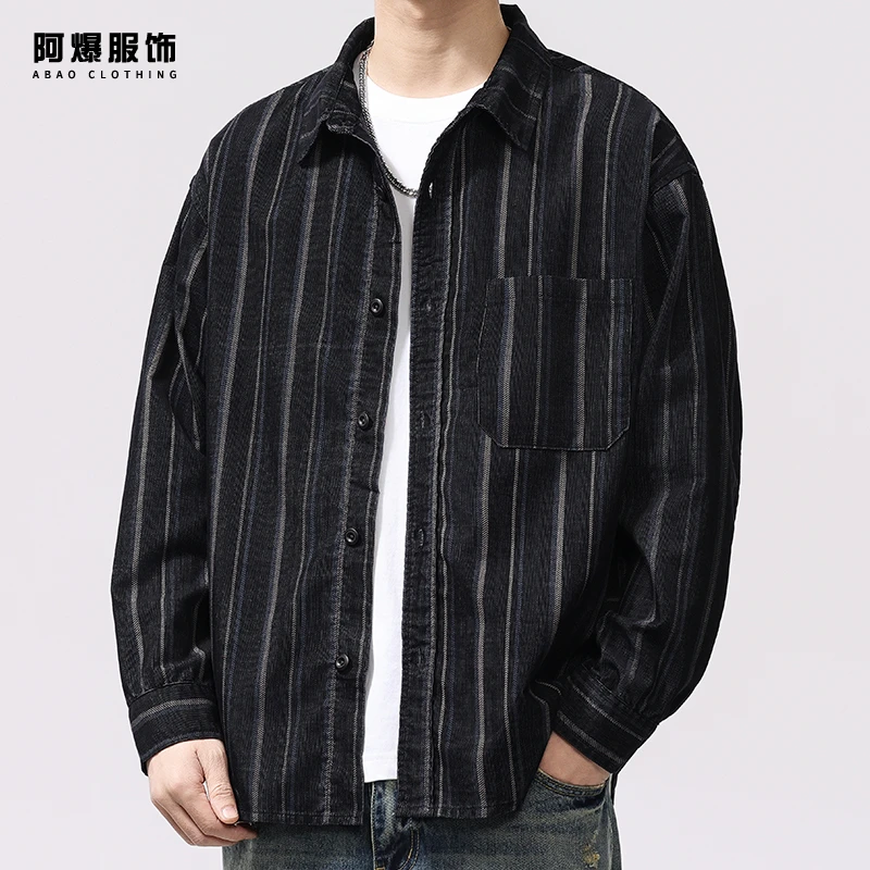 【阿爆服饰】美式复古灯芯绒条纹衬衫男2025长袖宽松休闲工装衬衣潮