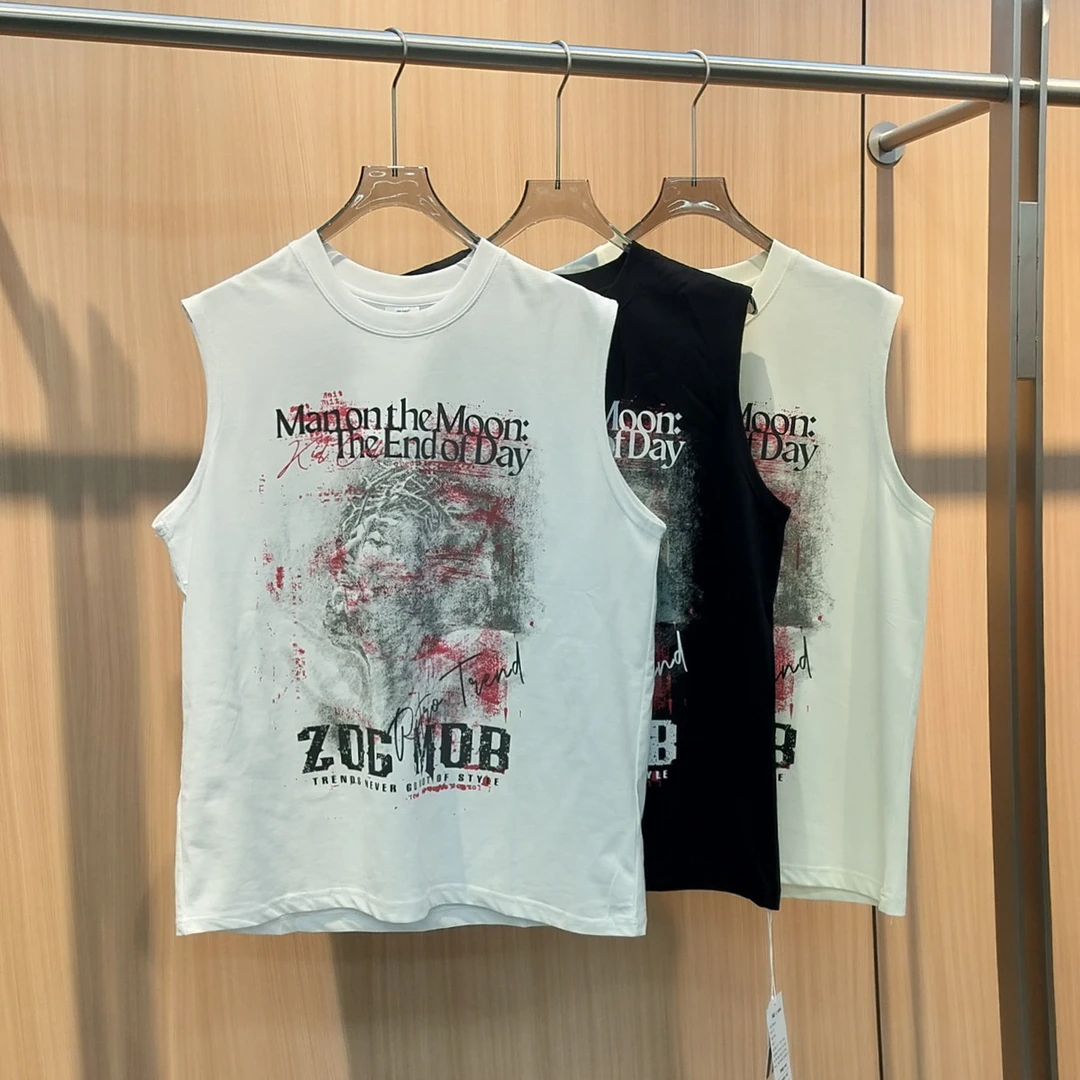 215马甲印花套头上衣无袖男士圆领夏季透气宽松休闲潮流背心个性