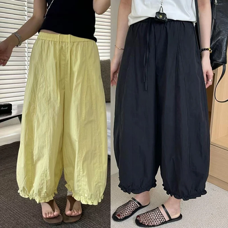 黑色百搭休闲风设计感木耳边阔腿裤夏季高腰显瘦直筒裤宽松九分裤
